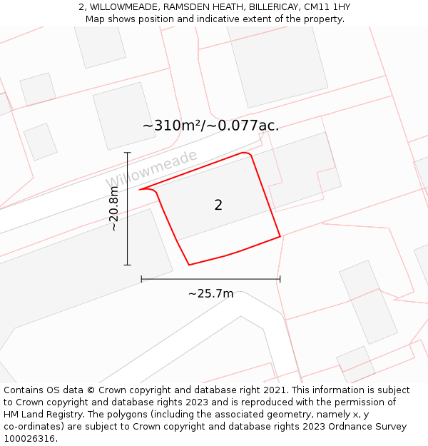 2, WILLOWMEADE, RAMSDEN HEATH, BILLERICAY, CM11 1HY: Plot and title map