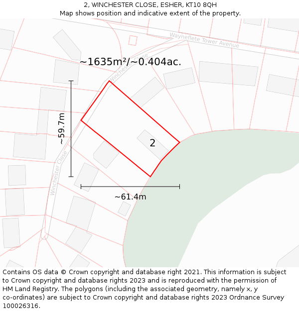 2, WINCHESTER CLOSE, ESHER, KT10 8QH: Plot and title map