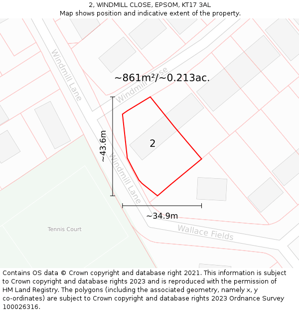 2, WINDMILL CLOSE, EPSOM, KT17 3AL: Plot and title map