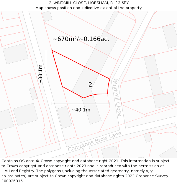 2, WINDMILL CLOSE, HORSHAM, RH13 6BY: Plot and title map