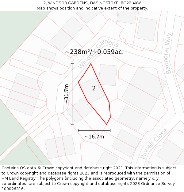 2, WINDSOR GARDENS, BASINGSTOKE, RG22 4XW: Plot and title map