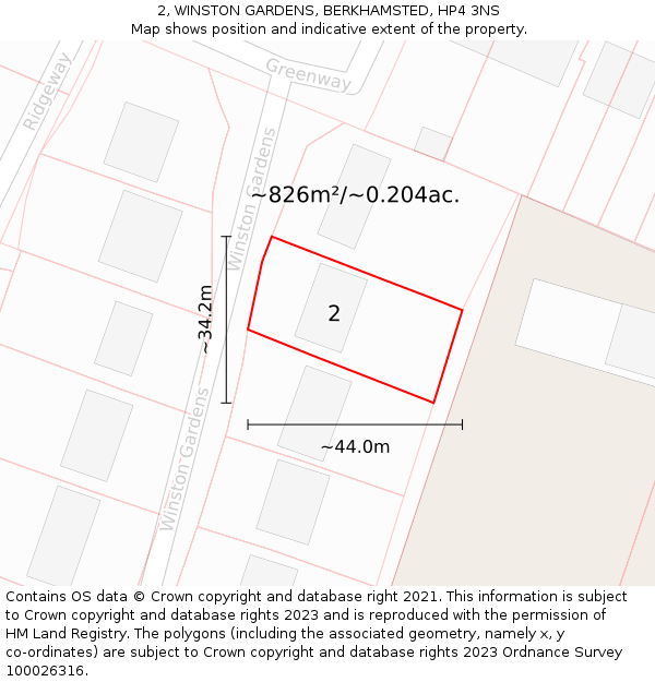 2, WINSTON GARDENS, BERKHAMSTED, HP4 3NS: Plot and title map