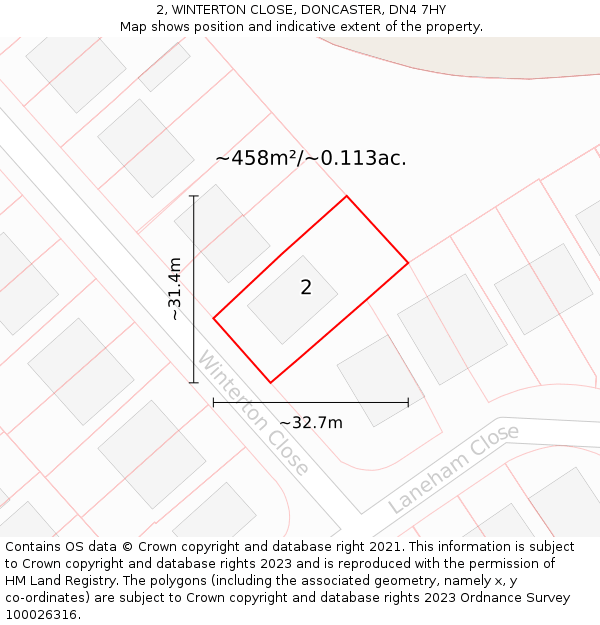 2, WINTERTON CLOSE, DONCASTER, DN4 7HY: Plot and title map