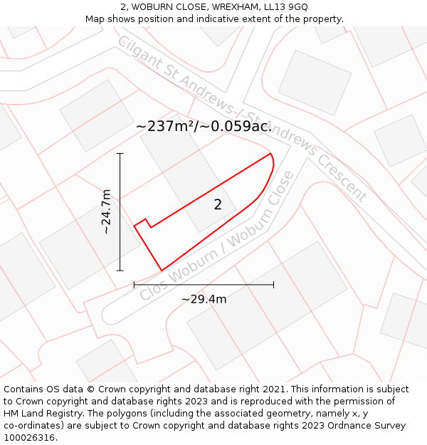 2, WOBURN CLOSE, WREXHAM, LL13 9GQ: Plot and title map