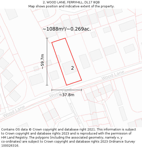 2, WOOD LANE, FERRYHILL, DL17 8QB: Plot and title map