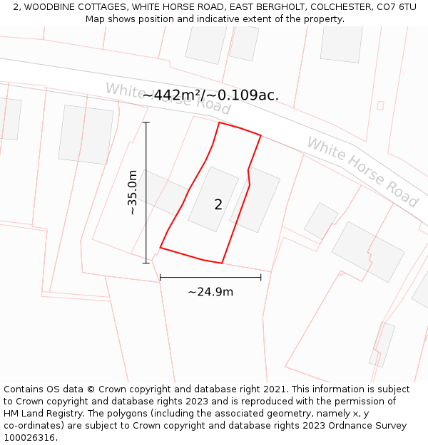 2, WOODBINE COTTAGES, WHITE HORSE ROAD, EAST BERGHOLT, COLCHESTER, CO7 6TU: Plot and title map