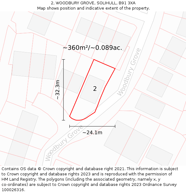 2, WOODBURY GROVE, SOLIHULL, B91 3XA: Plot and title map