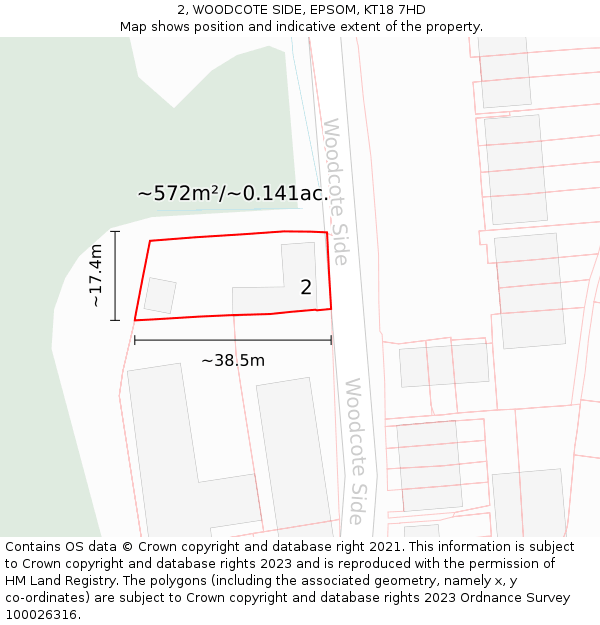 2, WOODCOTE SIDE, EPSOM, KT18 7HD: Plot and title map