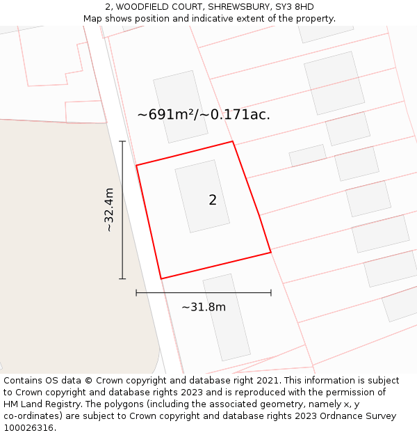 2, WOODFIELD COURT, SHREWSBURY, SY3 8HD: Plot and title map