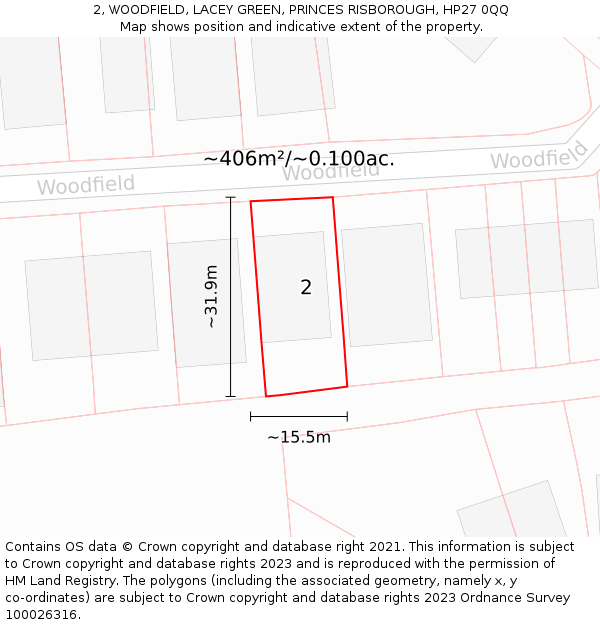 2, WOODFIELD, LACEY GREEN, PRINCES RISBOROUGH, HP27 0QQ: Plot and title map