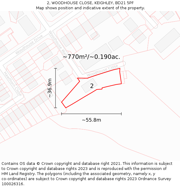 2, WOODHOUSE CLOSE, KEIGHLEY, BD21 5PF: Plot and title map