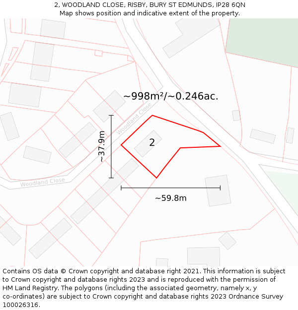 2, WOODLAND CLOSE, RISBY, BURY ST EDMUNDS, IP28 6QN: Plot and title map