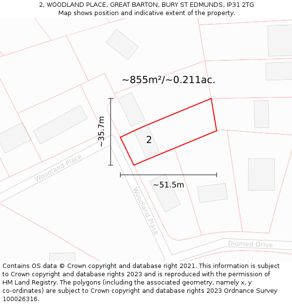 2, WOODLAND PLACE, GREAT BARTON, BURY ST EDMUNDS, IP31 2TG: Plot and title map