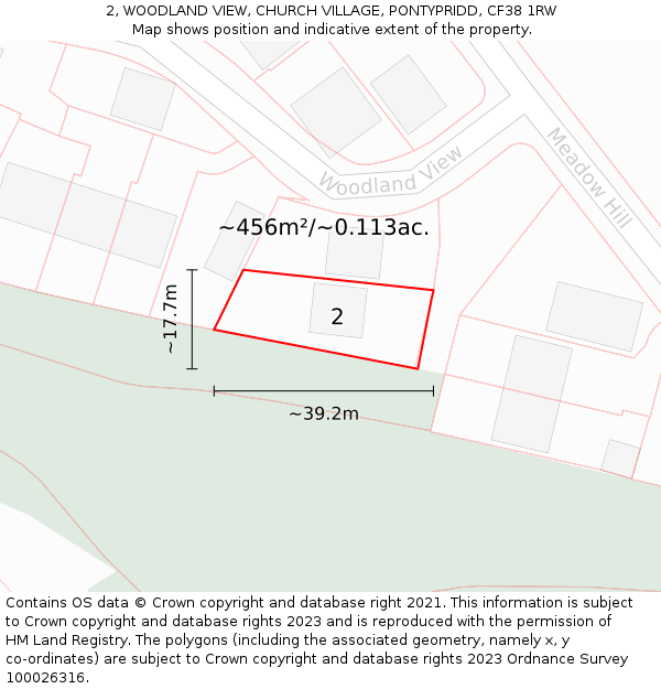 2, WOODLAND VIEW, CHURCH VILLAGE, PONTYPRIDD, CF38 1RW: Plot and title map