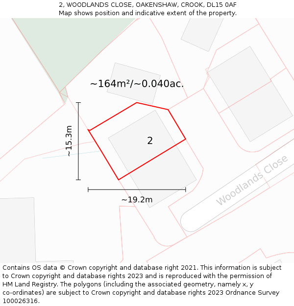 2, WOODLANDS CLOSE, OAKENSHAW, CROOK, DL15 0AF: Plot and title map