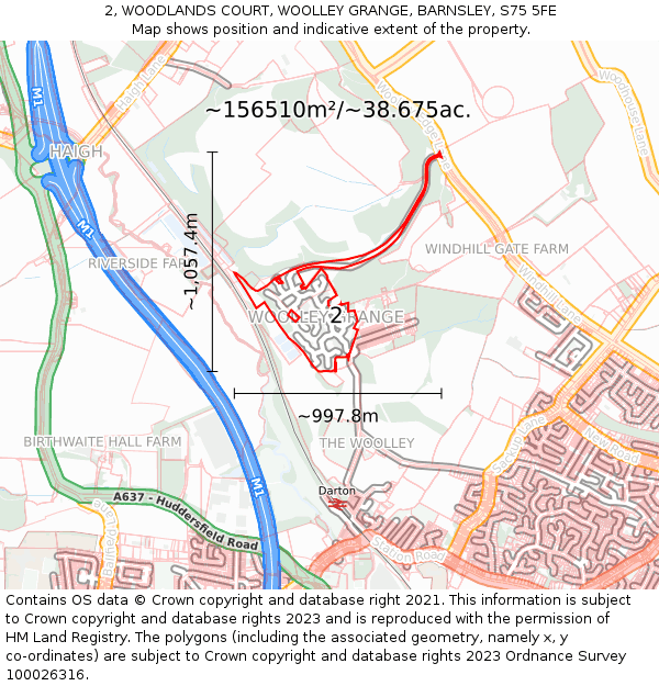 2, WOODLANDS COURT, WOOLLEY GRANGE, BARNSLEY, S75 5FE: Plot and title map