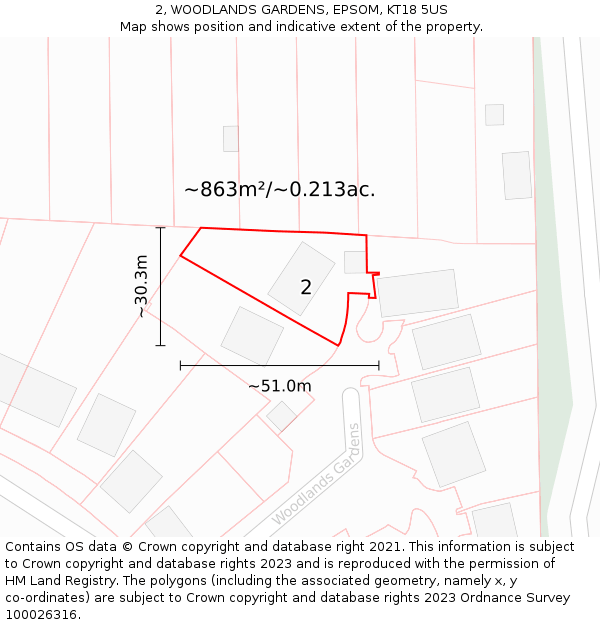 2, WOODLANDS GARDENS, EPSOM, KT18 5US: Plot and title map