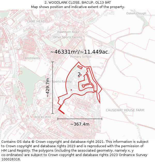 2, WOODLARK CLOSE, BACUP, OL13 9AT: Plot and title map