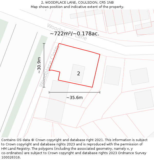 2, WOODPLACE LANE, COULSDON, CR5 1NB: Plot and title map