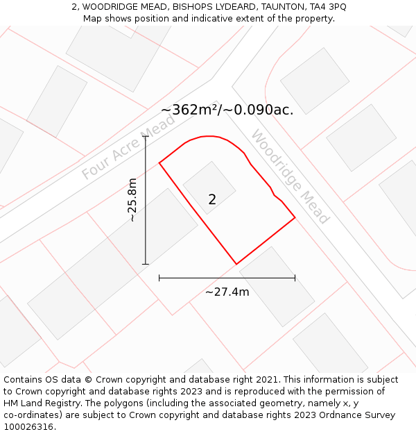 2, WOODRIDGE MEAD, BISHOPS LYDEARD, TAUNTON, TA4 3PQ: Plot and title map