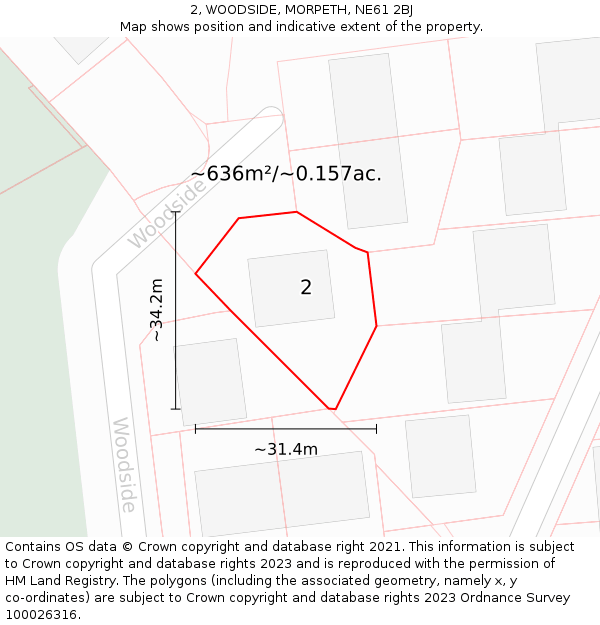 2, WOODSIDE, MORPETH, NE61 2BJ: Plot and title map