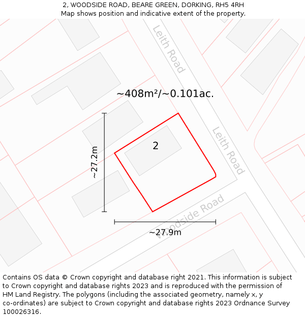 2, WOODSIDE ROAD, BEARE GREEN, DORKING, RH5 4RH: Plot and title map