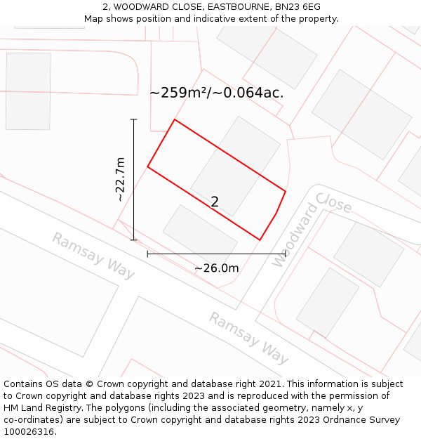 2, WOODWARD CLOSE, EASTBOURNE, BN23 6EG: Plot and title map