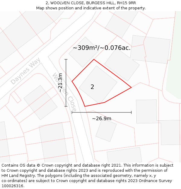 2, WOOLVEN CLOSE, BURGESS HILL, RH15 9RR: Plot and title map