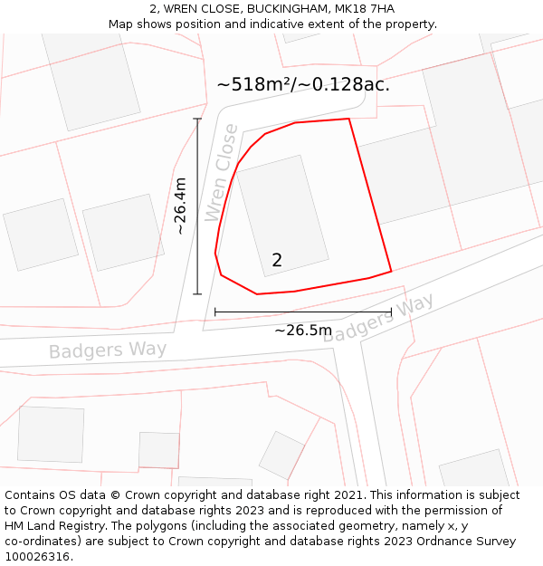 2, WREN CLOSE, BUCKINGHAM, MK18 7HA: Plot and title map