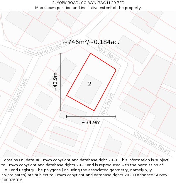 2, YORK ROAD, COLWYN BAY, LL29 7ED: Plot and title map