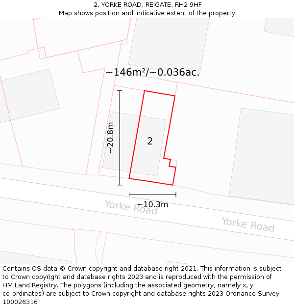 2, YORKE ROAD, REIGATE, RH2 9HF: Plot and title map