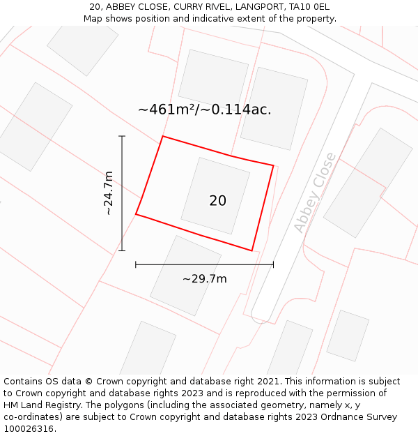 20, ABBEY CLOSE, CURRY RIVEL, LANGPORT, TA10 0EL: Plot and title map