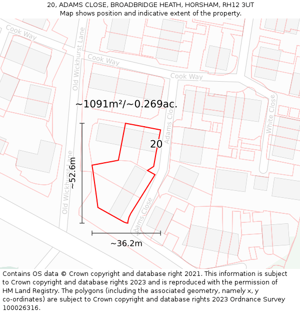 20, ADAMS CLOSE, BROADBRIDGE HEATH, HORSHAM, RH12 3UT: Plot and title map