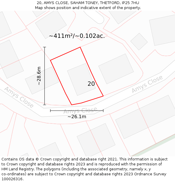 20, AMYS CLOSE, SAHAM TONEY, THETFORD, IP25 7HU: Plot and title map