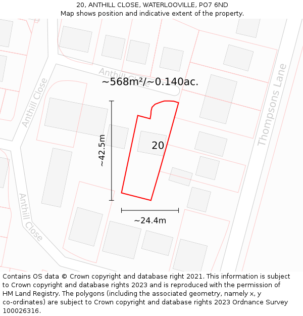 20, ANTHILL CLOSE, WATERLOOVILLE, PO7 6ND: Plot and title map