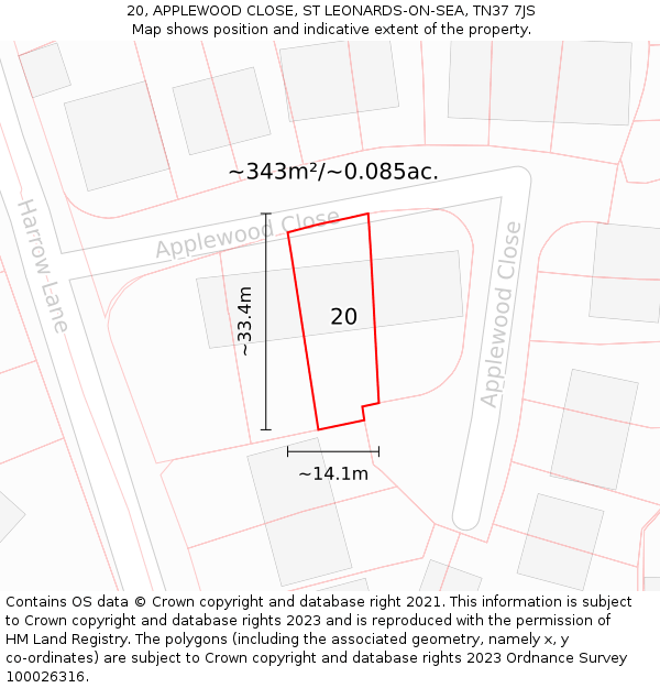 20, APPLEWOOD CLOSE, ST LEONARDS-ON-SEA, TN37 7JS: Plot and title map