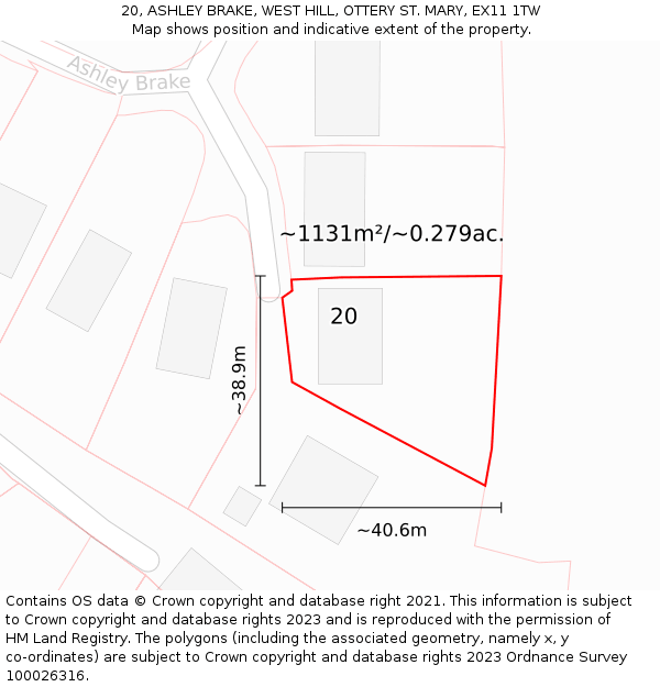 20, ASHLEY BRAKE, WEST HILL, OTTERY ST. MARY, EX11 1TW: Plot and title map