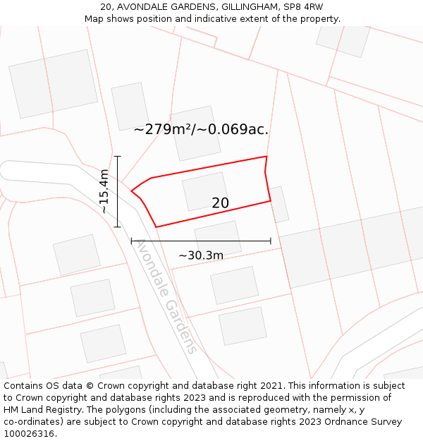 20, AVONDALE GARDENS, GILLINGHAM, SP8 4RW: Plot and title map