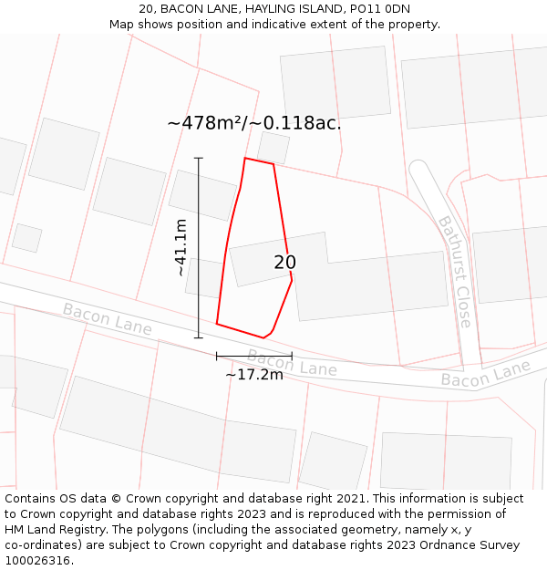 20, BACON LANE, HAYLING ISLAND, PO11 0DN: Plot and title map