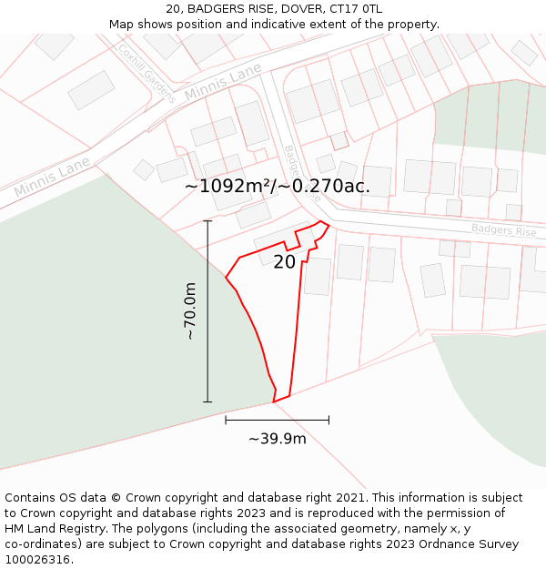 20, BADGERS RISE, DOVER, CT17 0TL: Plot and title map