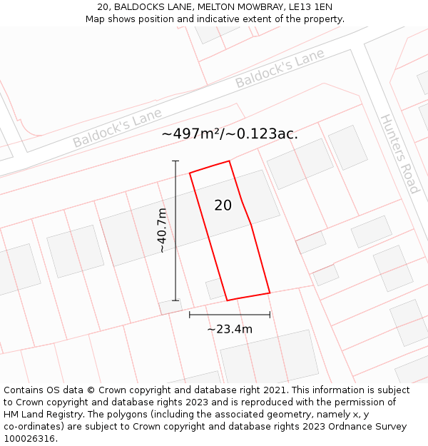 20, BALDOCKS LANE, MELTON MOWBRAY, LE13 1EN: Plot and title map