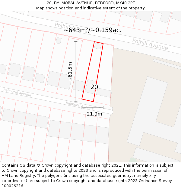 20, BALMORAL AVENUE, BEDFORD, MK40 2PT: Plot and title map