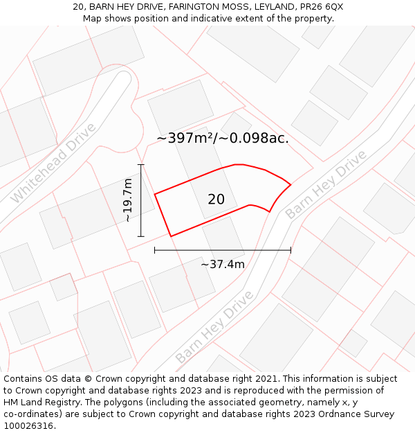 20, BARN HEY DRIVE, FARINGTON MOSS, LEYLAND, PR26 6QX: Plot and title map