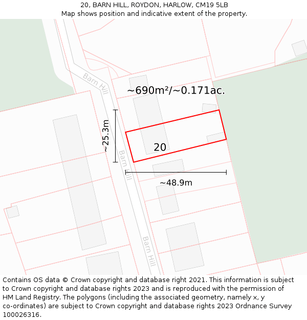 20, BARN HILL, ROYDON, HARLOW, CM19 5LB: Plot and title map