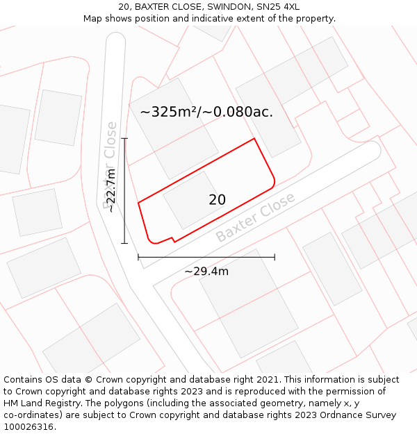 20, BAXTER CLOSE, SWINDON, SN25 4XL: Plot and title map