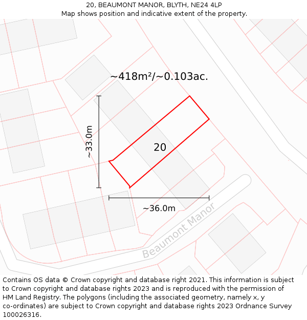 20, BEAUMONT MANOR, BLYTH, NE24 4LP: Plot and title map