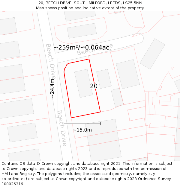 20, BEECH DRIVE, SOUTH MILFORD, LEEDS, LS25 5NN: Plot and title map