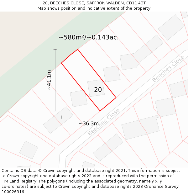 20, BEECHES CLOSE, SAFFRON WALDEN, CB11 4BT: Plot and title map