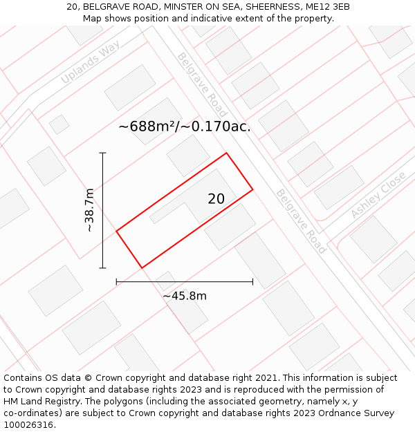 20, BELGRAVE ROAD, MINSTER ON SEA, SHEERNESS, ME12 3EB: Plot and title map