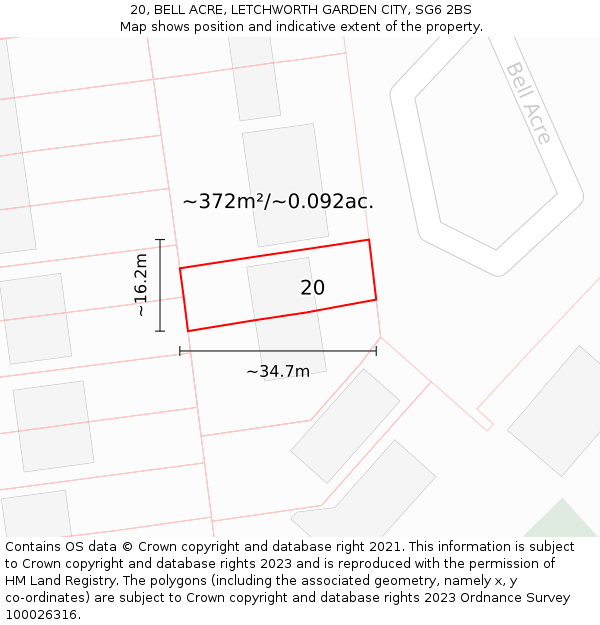 20, BELL ACRE, LETCHWORTH GARDEN CITY, SG6 2BS: Plot and title map